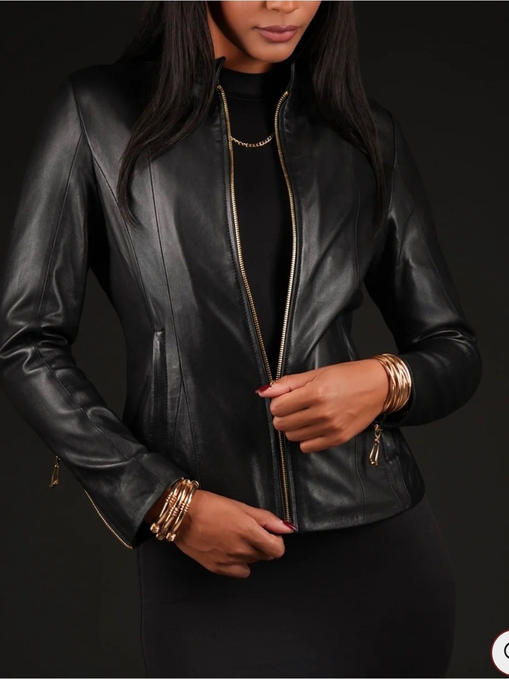 Ellen Tracy Black Faux-Leather Zip Jacket w/gold accent zips, side body shaping